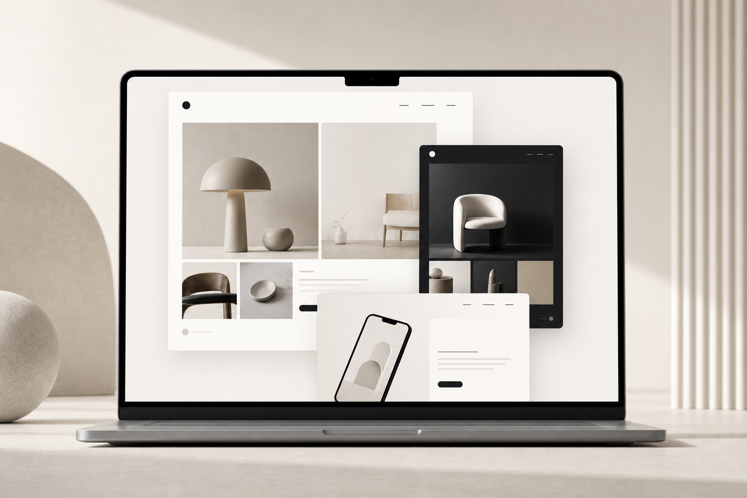 Clean abstract portfolio mockup with layered project thumbnails inside a modern device-style frame