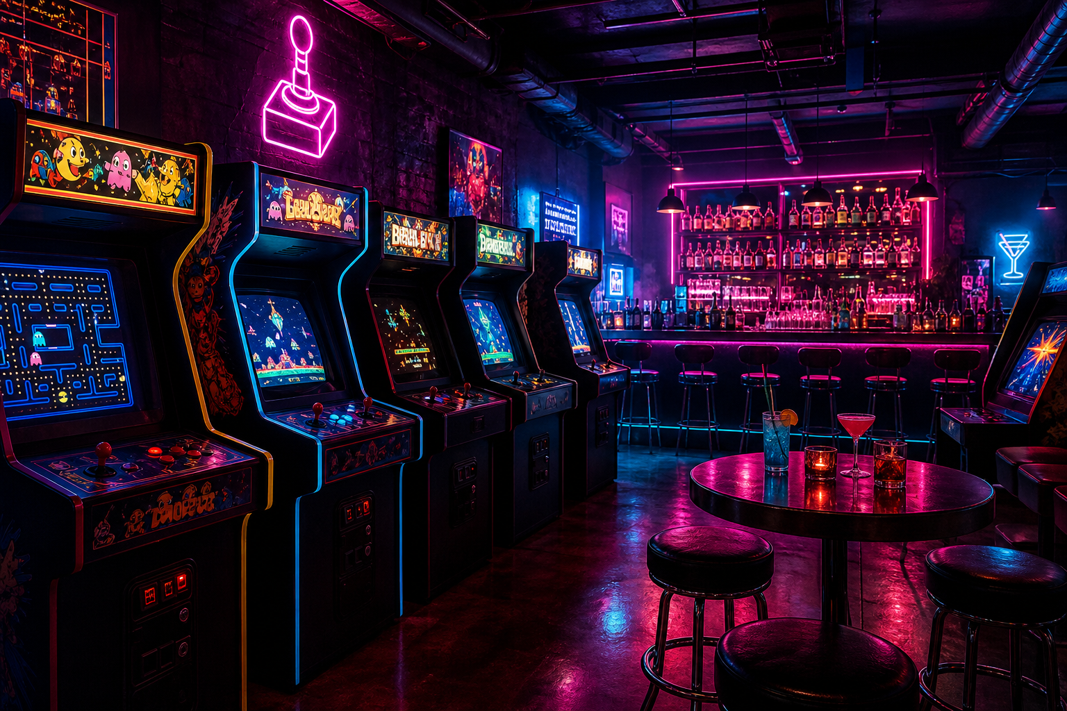 Moody retro arcade bar interior with glowing cabinets and a polished cocktail bar