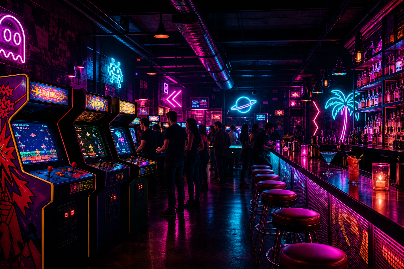 Neon-lit retro arcade bar interior with glowing game cabinets, cocktail bar counters, and lively late-night atmosphere