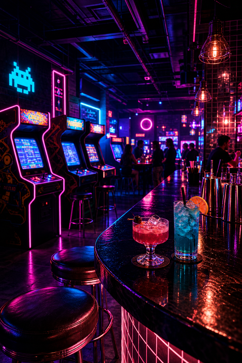 Stylish arcade bar interior with glowing game cabinets and crafted cocktails under neon lighting