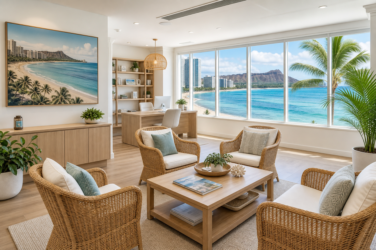 Bright coastal real estate office lounge with woven chairs, light wood table, and ocean-view windows