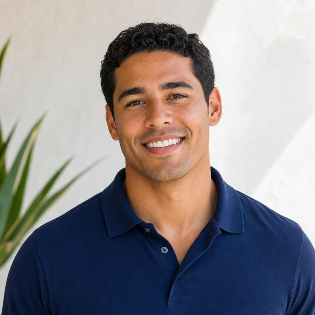 Portrait of Caleb Rivera, a man with short curly hair and a navy polo shirt smiling warmly.