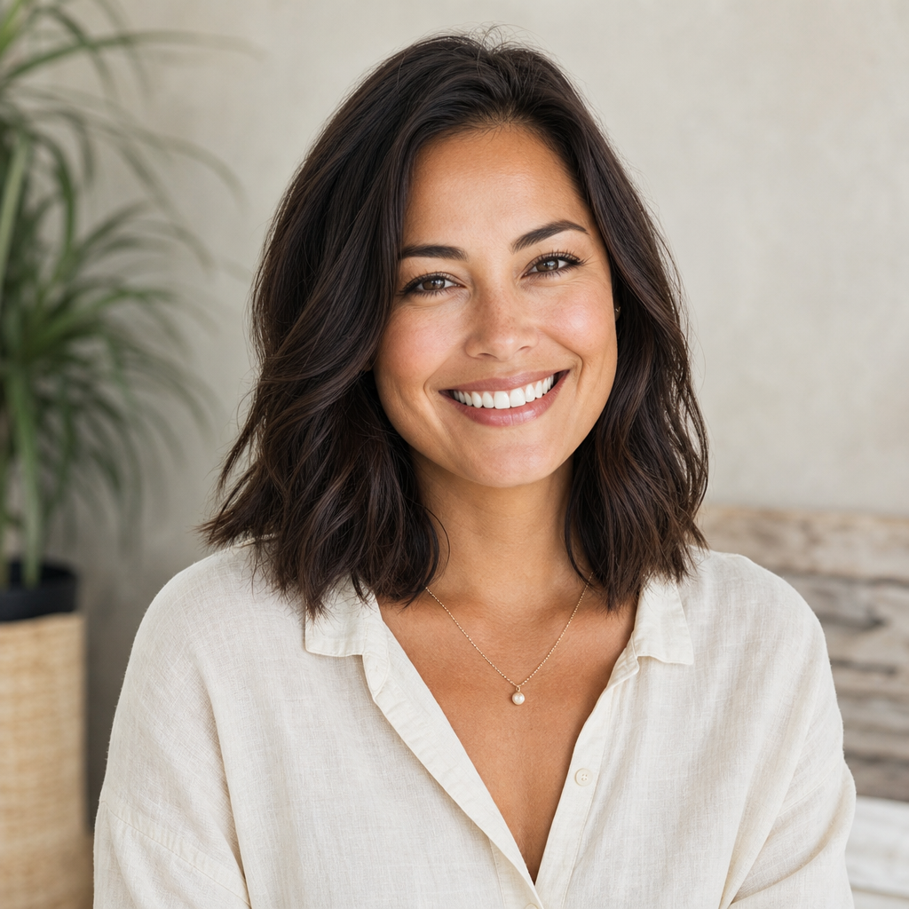 Portrait of Maya Thompson, a smiling woman with shoulder-length dark hair wearing a light linen blouse.
