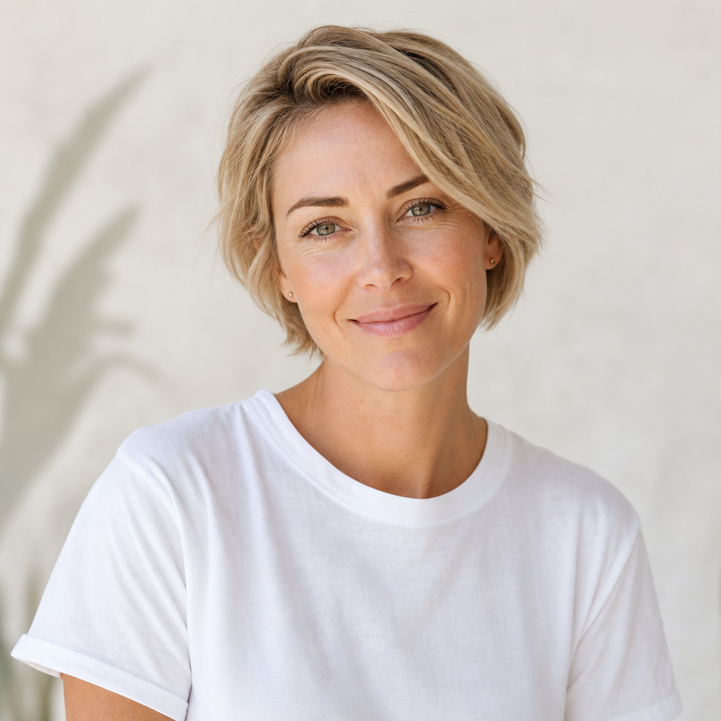 Portrait of Sienna Cole, a woman with short blonde hair wearing a white tee and soft smile.