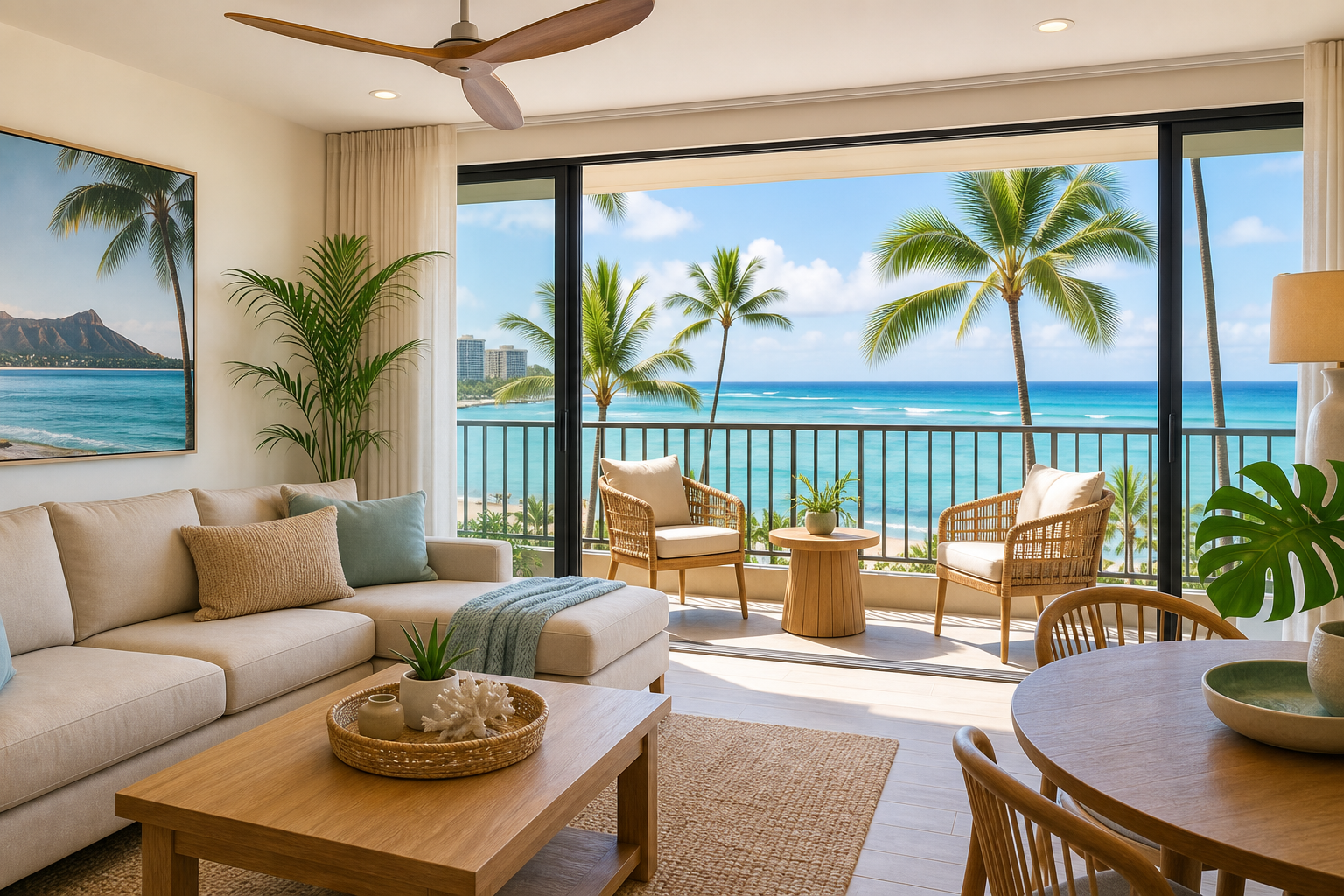 Airy Waikiki beachfront rental with a modern lanai, palm-lined view, and ocean horizon