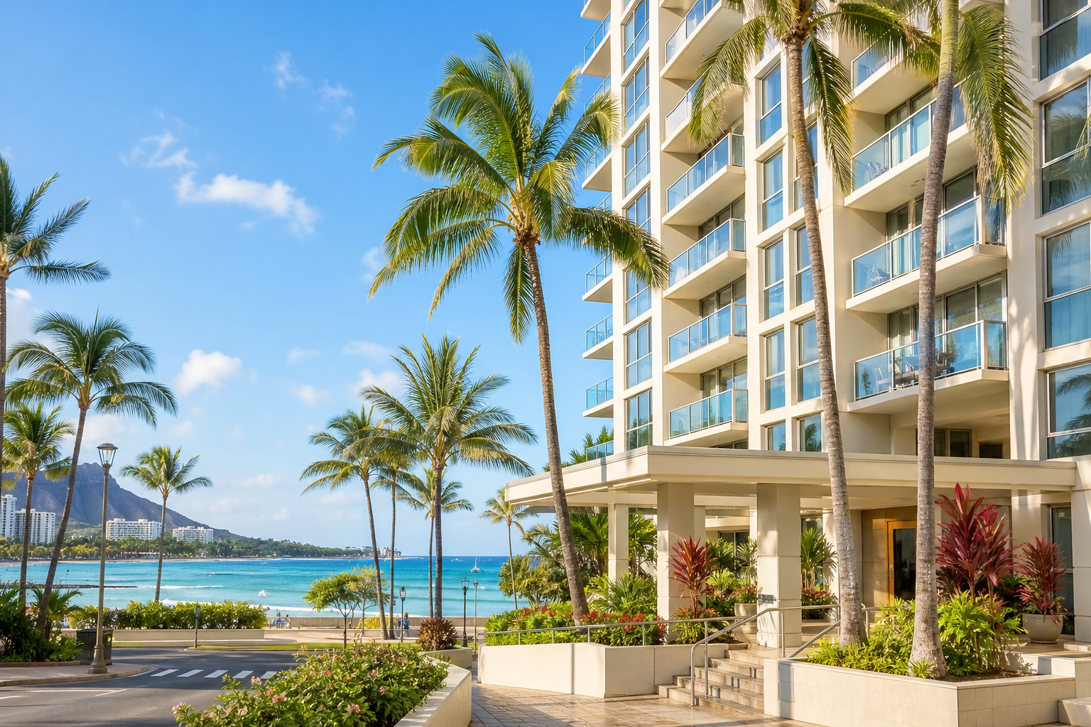 Sunlit Waikiki condo exterior with palm trees and a glimpse of the ocean