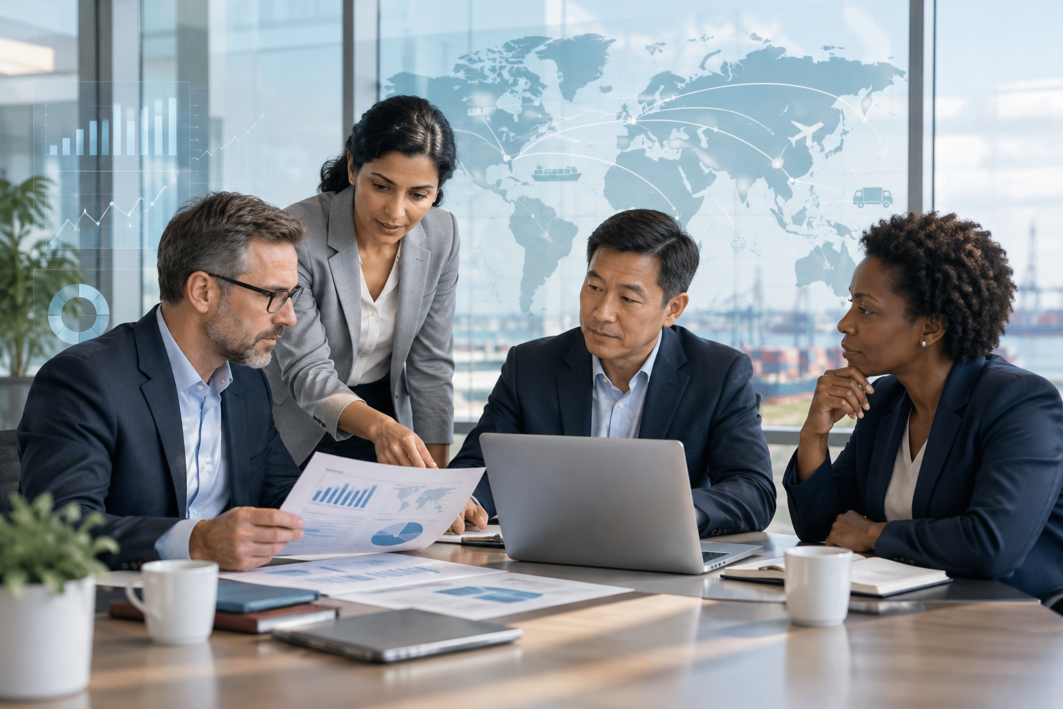 Professional international advisory meeting with subtle analytics overlays
