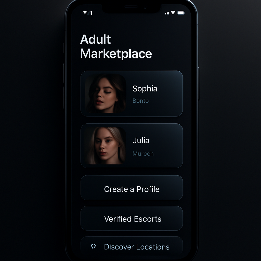 Dunkles App-Vorschau-Interface mit klaren Karten, Standort-Chips und dezenter Glasoptik