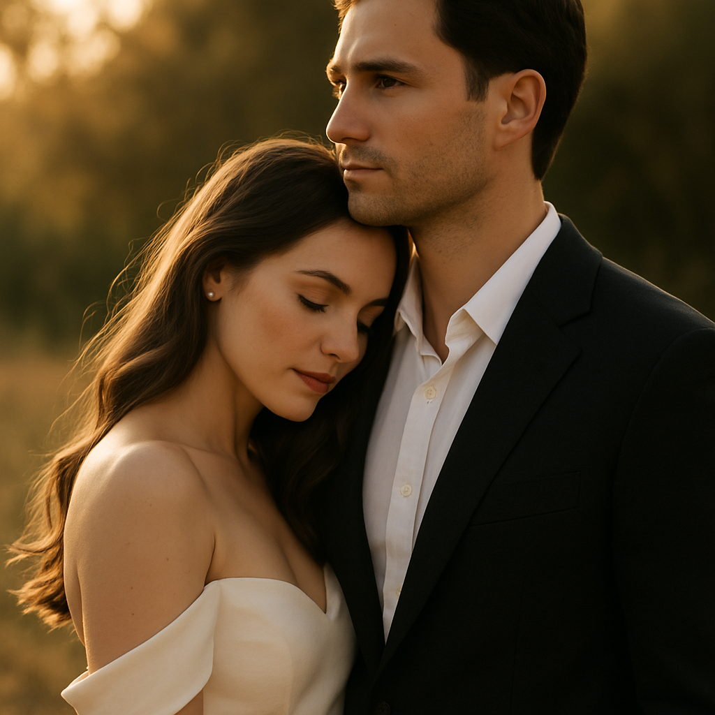 Elegant engagement portrait of couple in natural sunlight outdoors