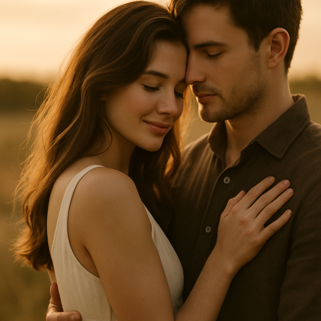 Intimate moment of couple embracing with soft golden hour lighting