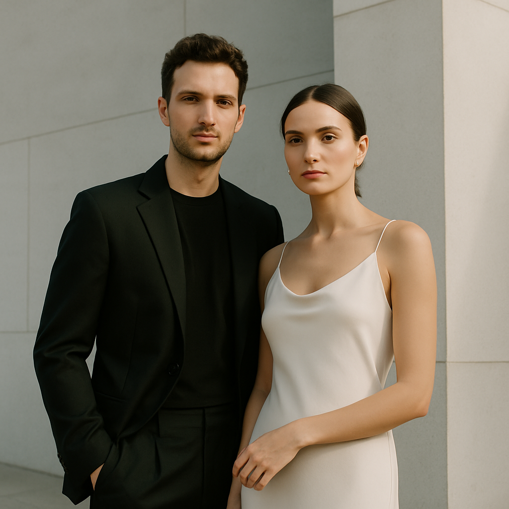 Modern urban couple portrait with minimalist architecture background