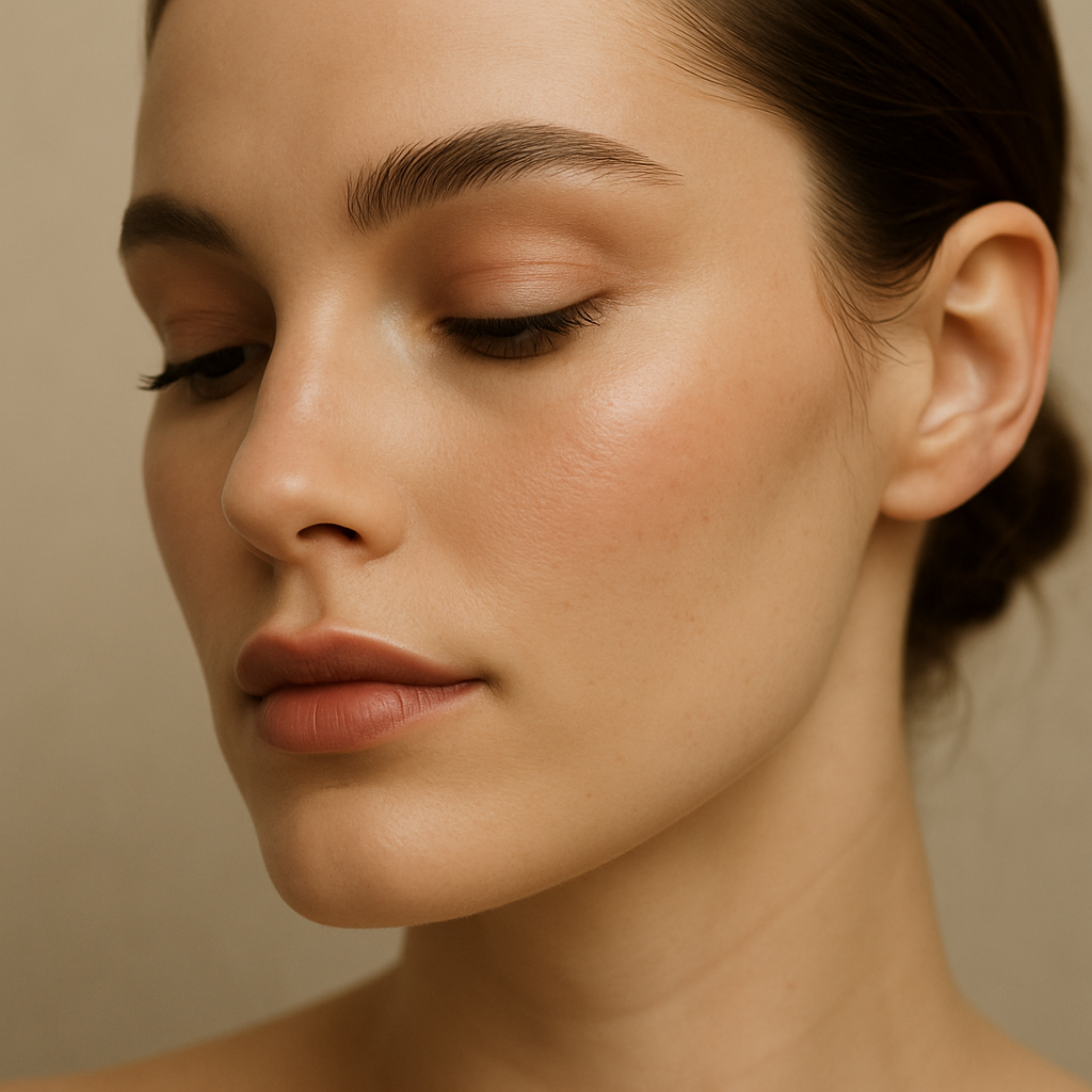 Close-up editorial beauty shot showcasing natural skin and soft makeup