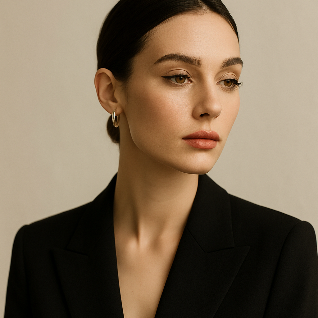 High-fashion editorial portrait of woman in elegant minimalist styling