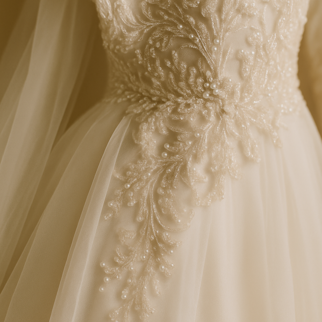 Close-up of white wedding dress with delicate beading details