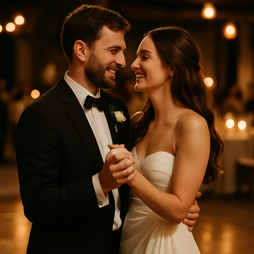 Newlyweds dancing together during evening wedding reception