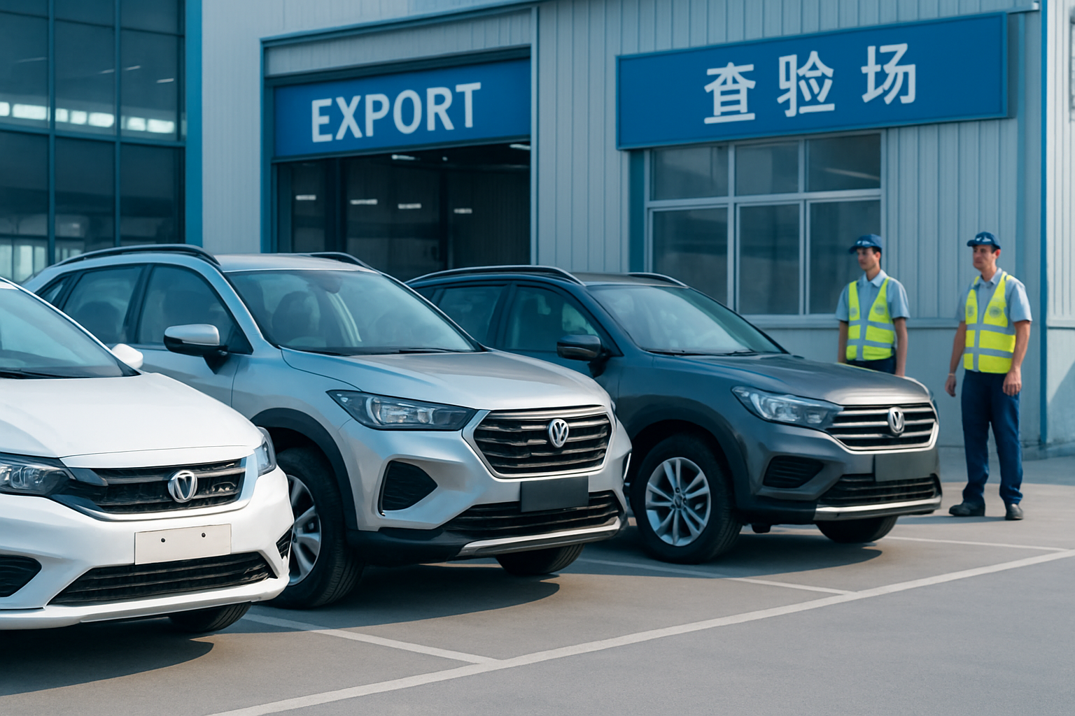 Export-ready used vehicles at a modern Chinese inspection yard