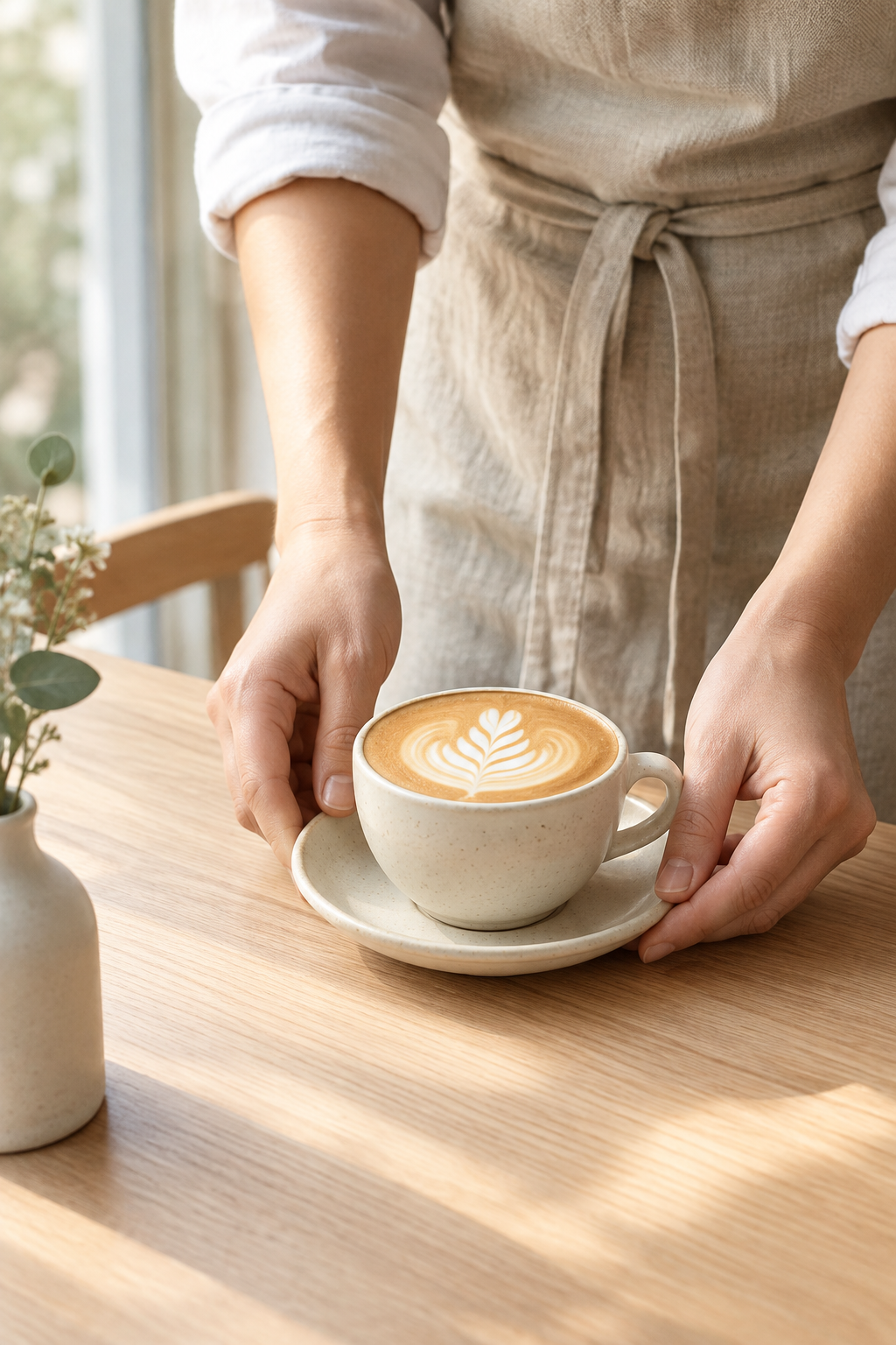 Barista hands placing a creamy latte with leaf art onto a pale wood table