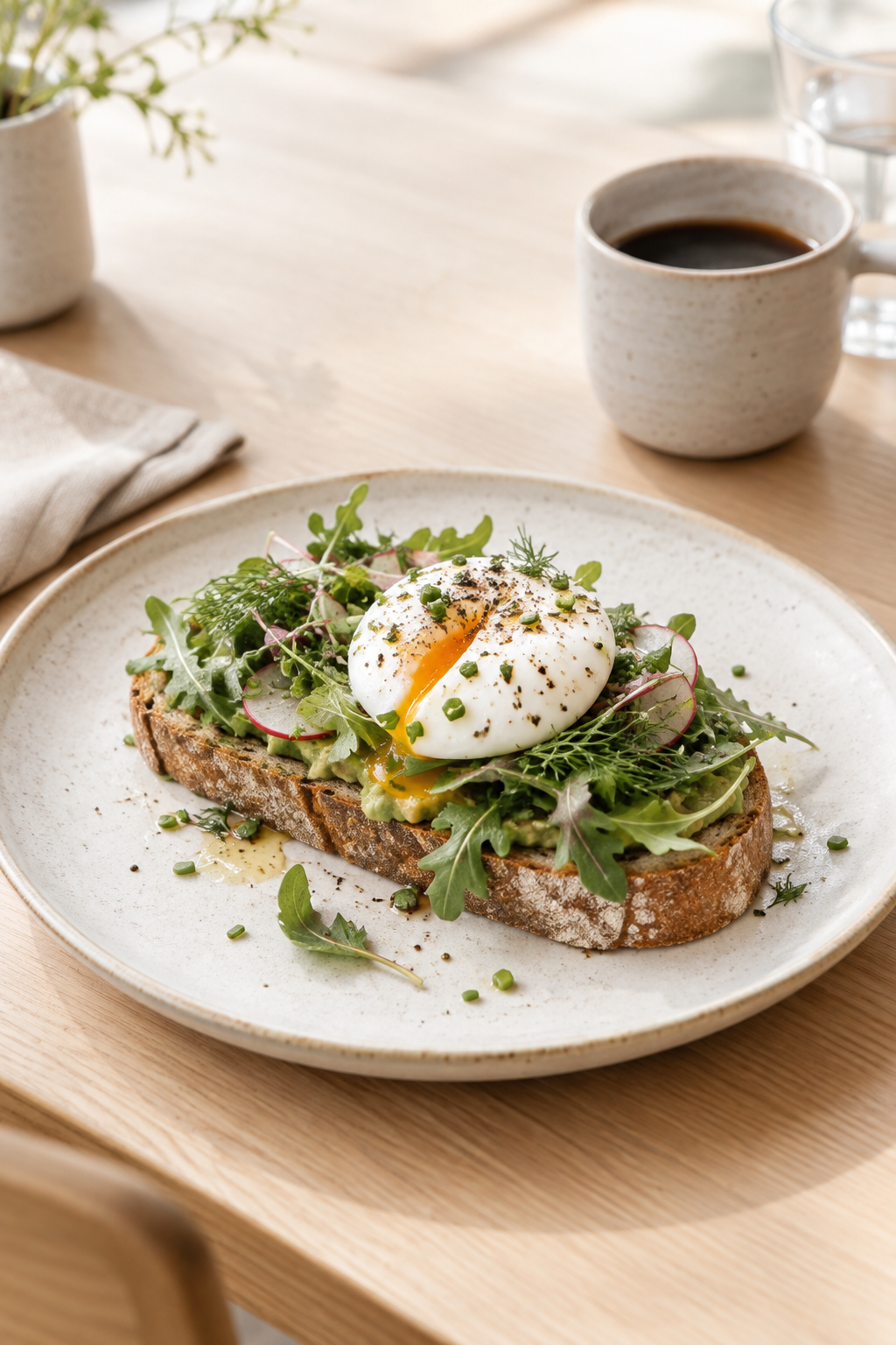 Open-faced breakfast toast with soft egg, herbs, and greens on a handmade stoneware plate