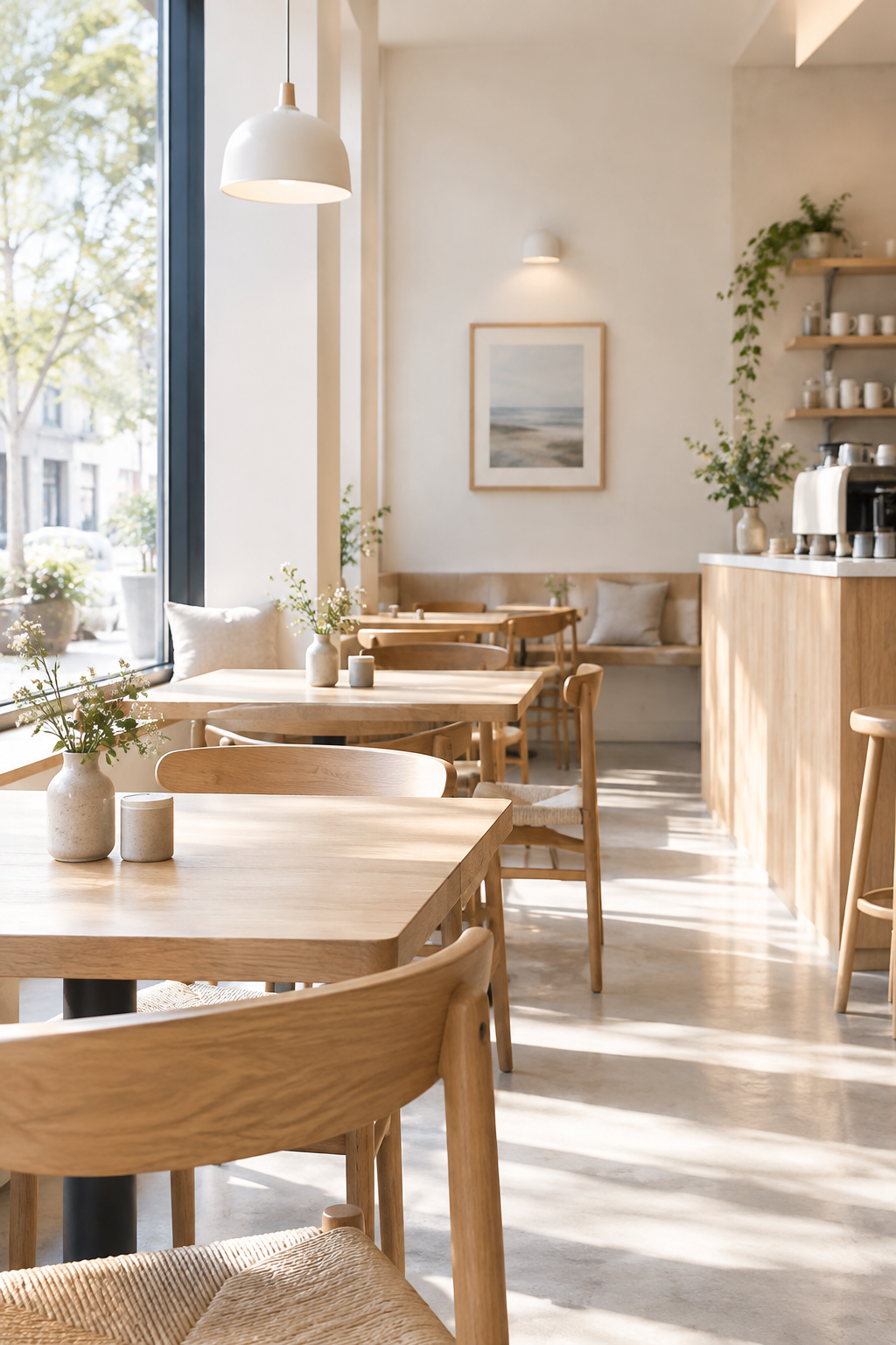 Bright Scandinavian-inspired cafe interior with pale wood tables, cream walls, and morning sunlight