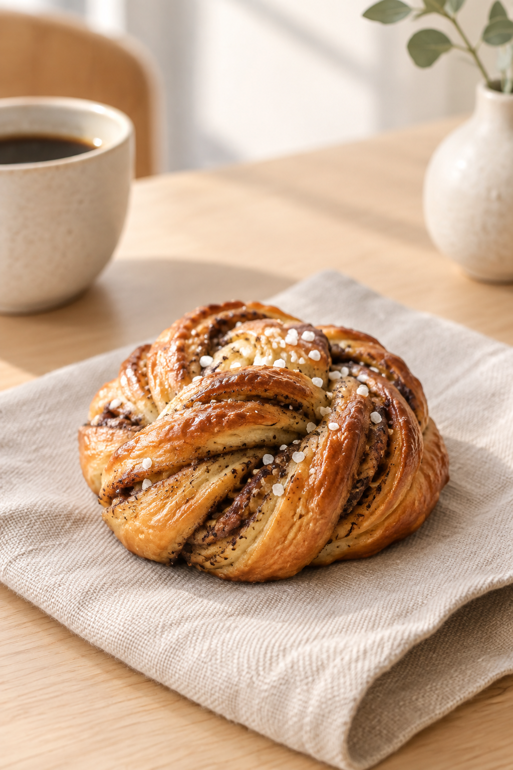 Golden twisted cardamom bun with sugar crystals on a warm linen napkin