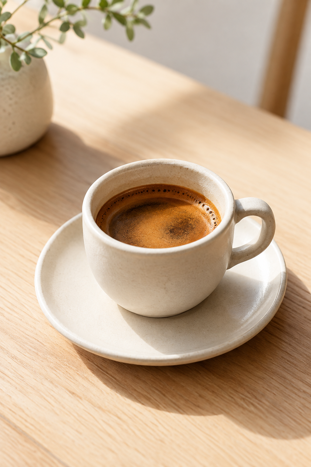 Close-up of a deep espresso with tawny crema in a small ceramic cup on a saucer