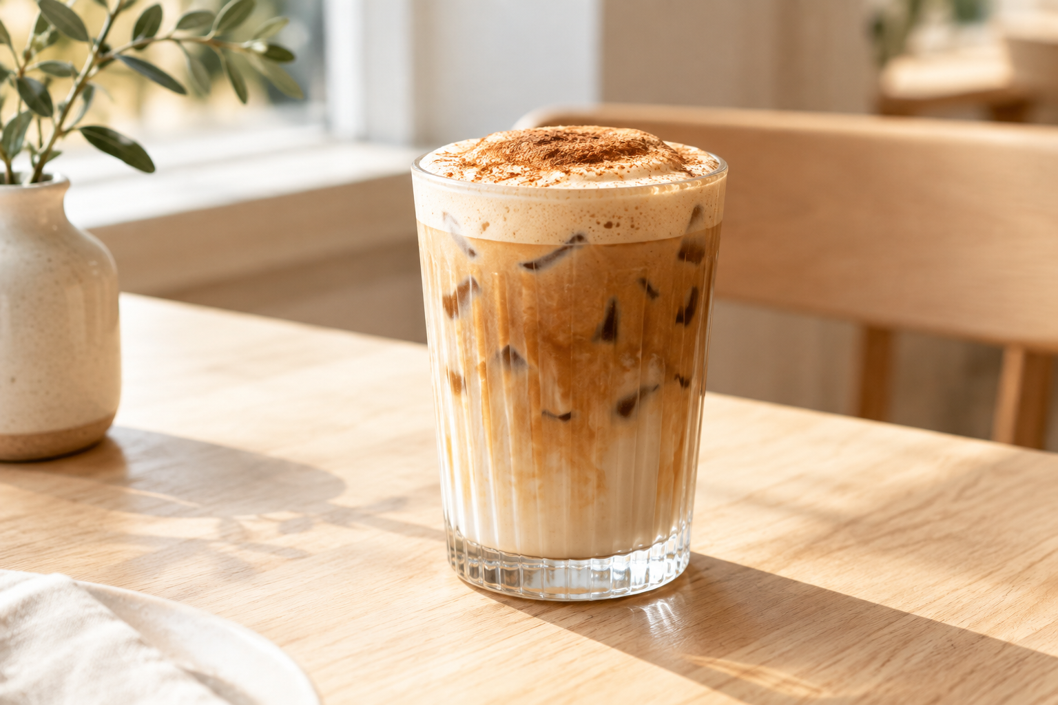 Iced maple oat latte in a clear glass with cinnamon foam, set on a pale wooden cafe table