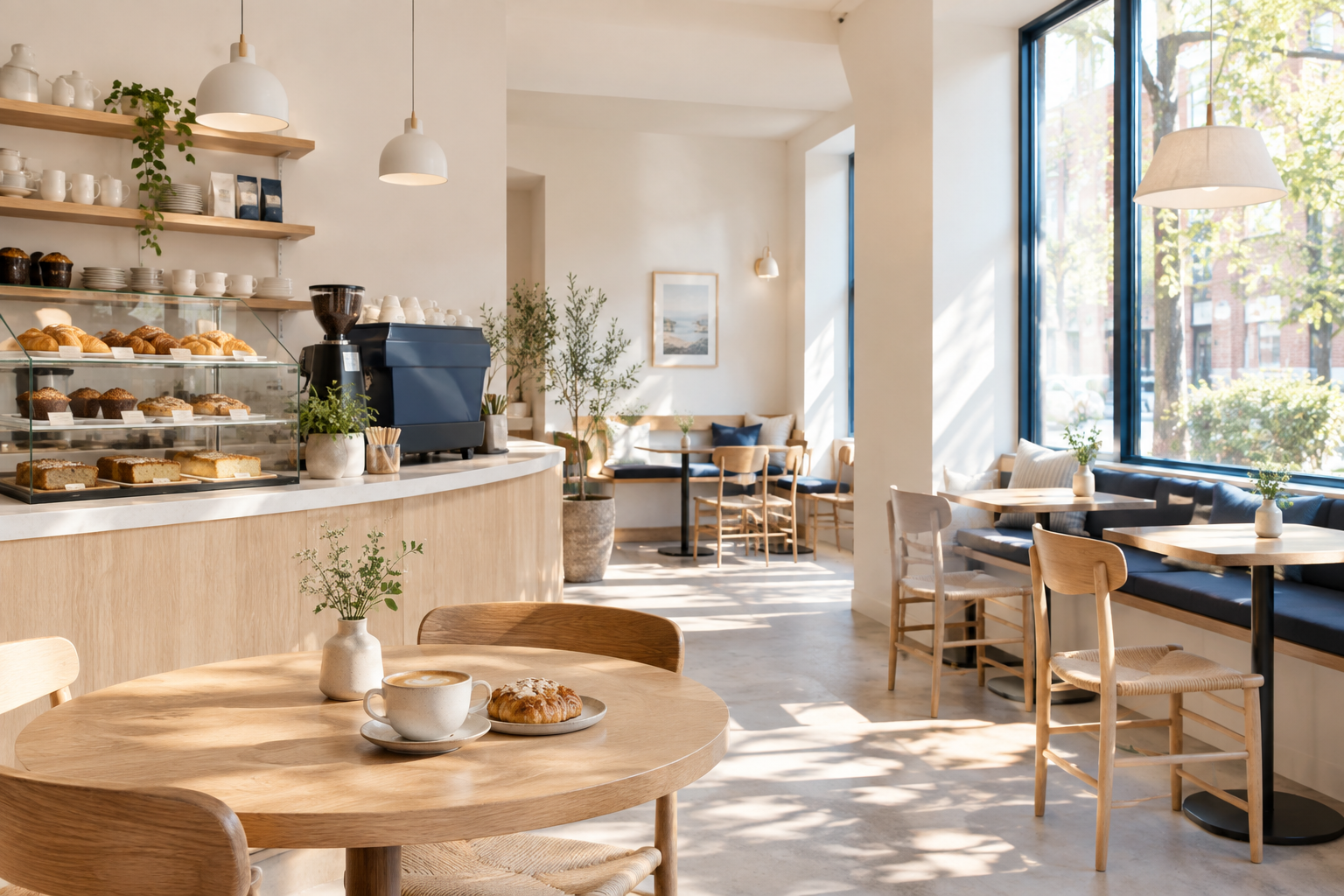 Bright North Dock Coffee interior with pale wood tables, ceramic cups, pastries, and relaxed window seating in natural light
