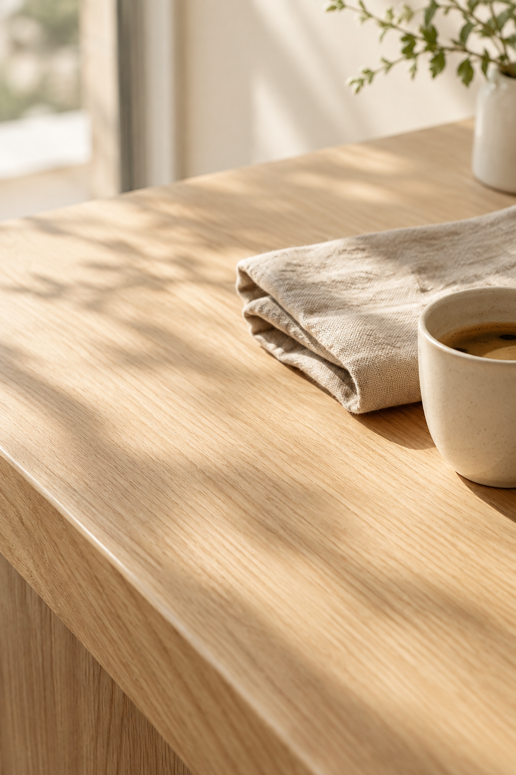 Close detail of a pale oak cafe counter with a folded natural linen cloth and ceramic cup