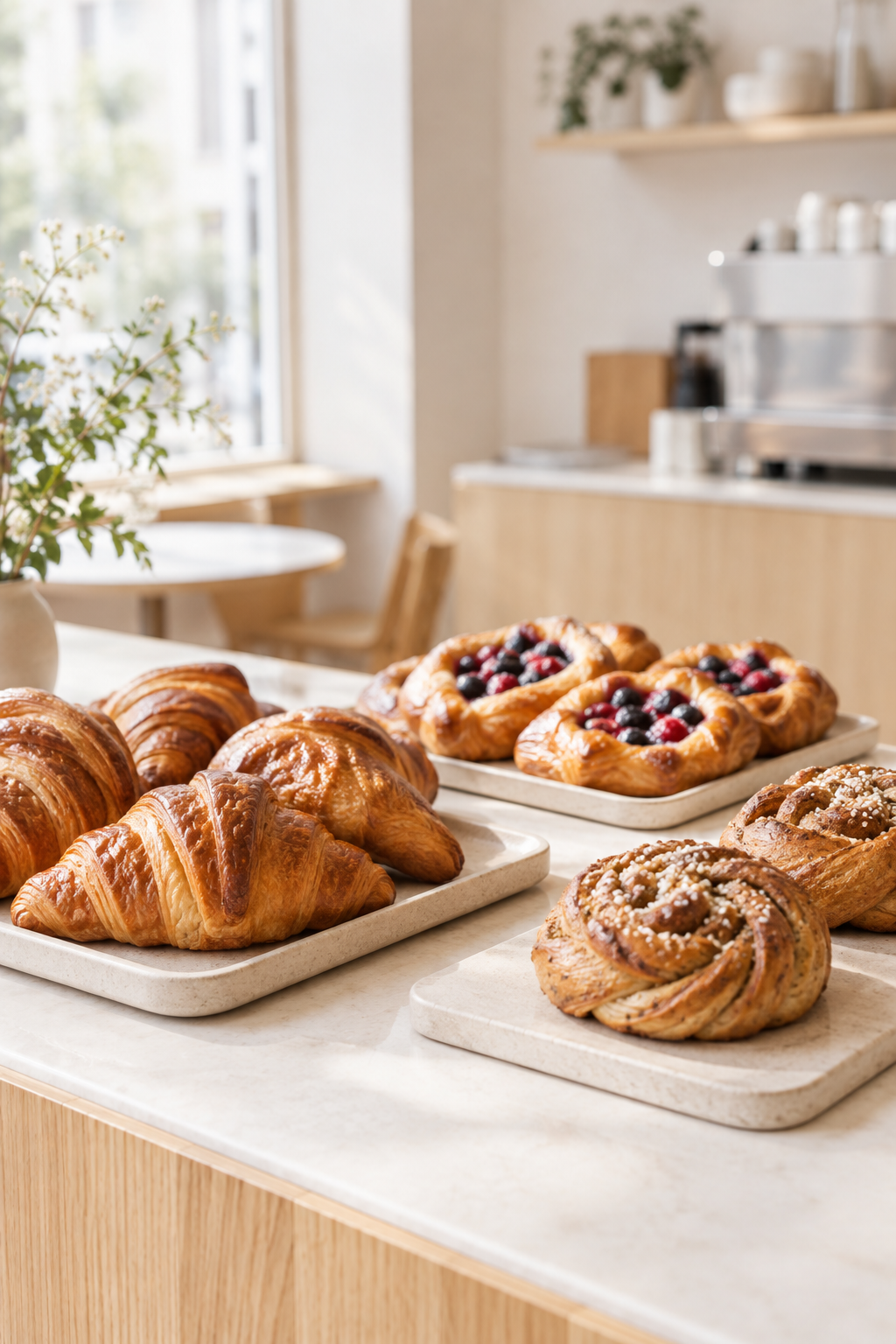 Fresh croissants and seasonal pastries arranged in a bright minimal cafe display