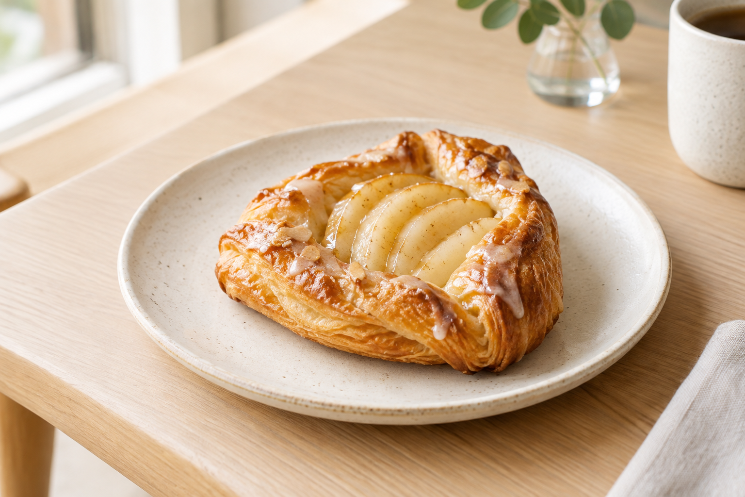 Golden pear and cardamom Danish pastry glazed lightly and served on a cream ceramic plate