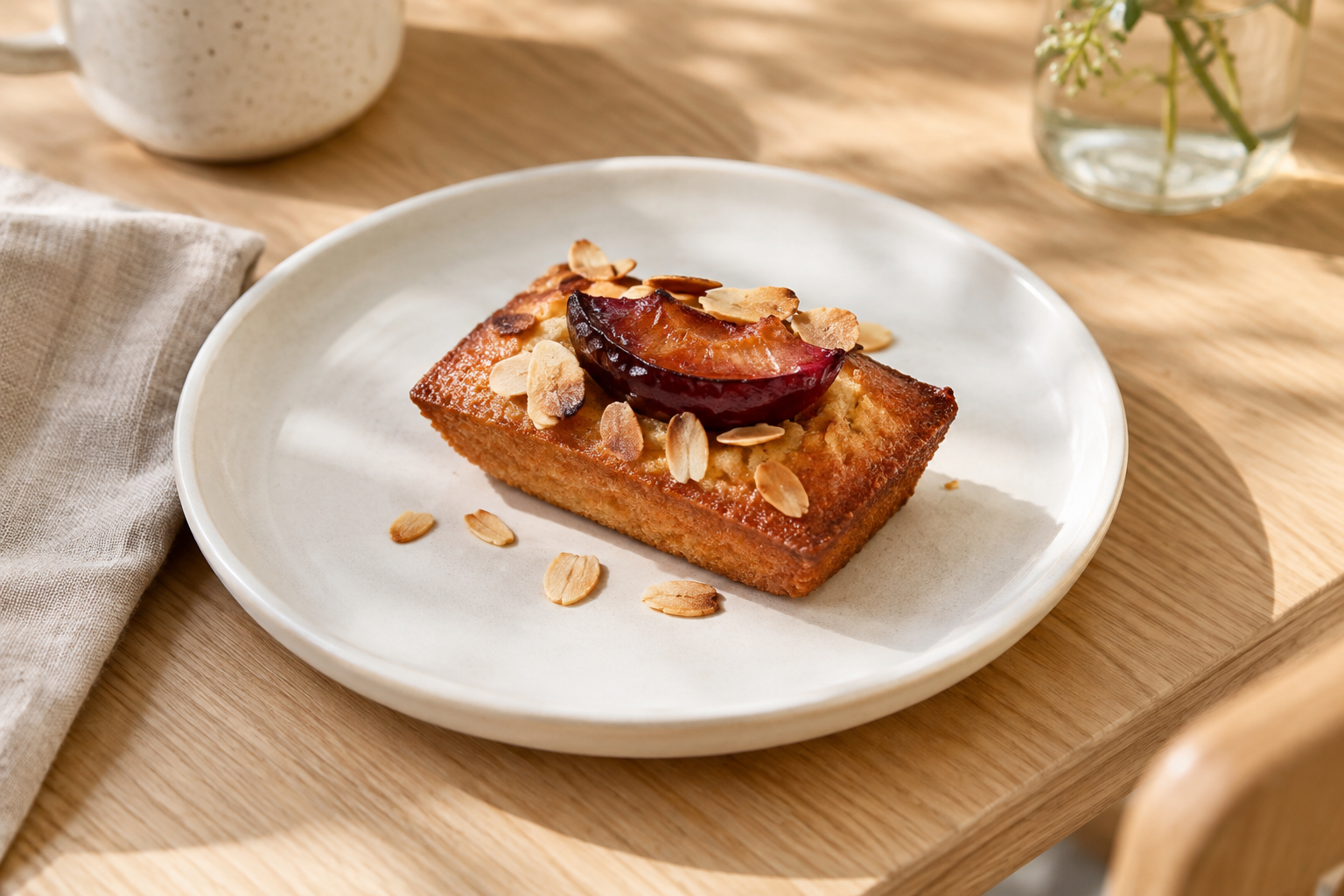 Small almond financier cake with roasted purple plum and toasted almond flakes on a white cafe plate