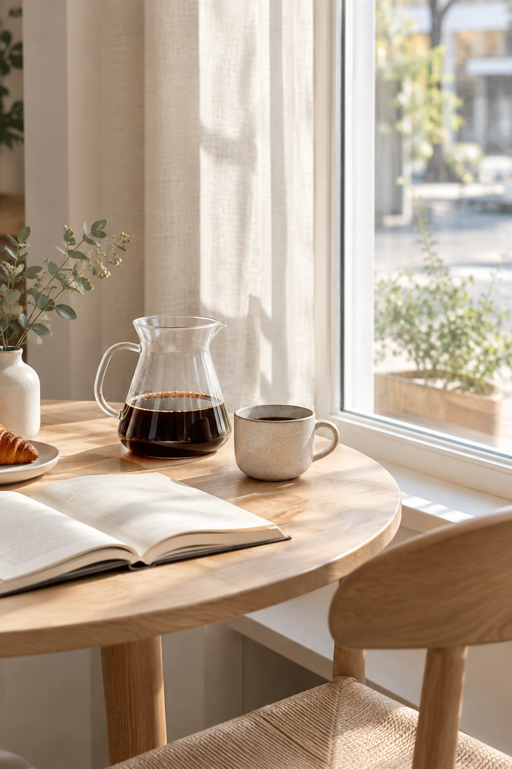 Quiet cafe table by a large window with a filter coffee, book, and soft daylight