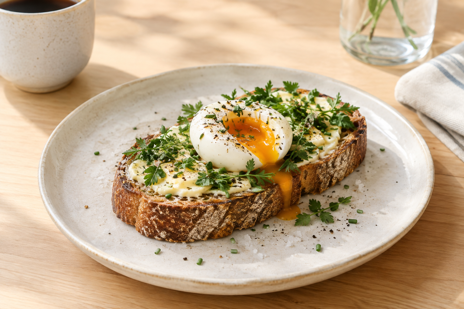Thick sourdough toast topped with a soft egg, herb butter and fresh greens on a stoneware plate