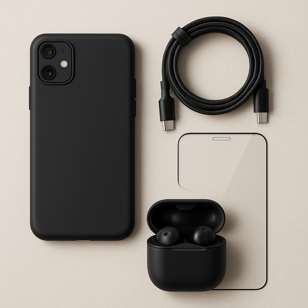 neatly arranged accessory set with matte black phone case, braided charger, clear screen protector, and wireless earbuds