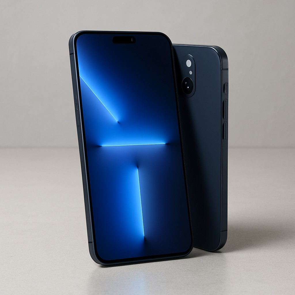 sleek midnight-blue smartphone with edge-to-edge display on a clean retail countertop