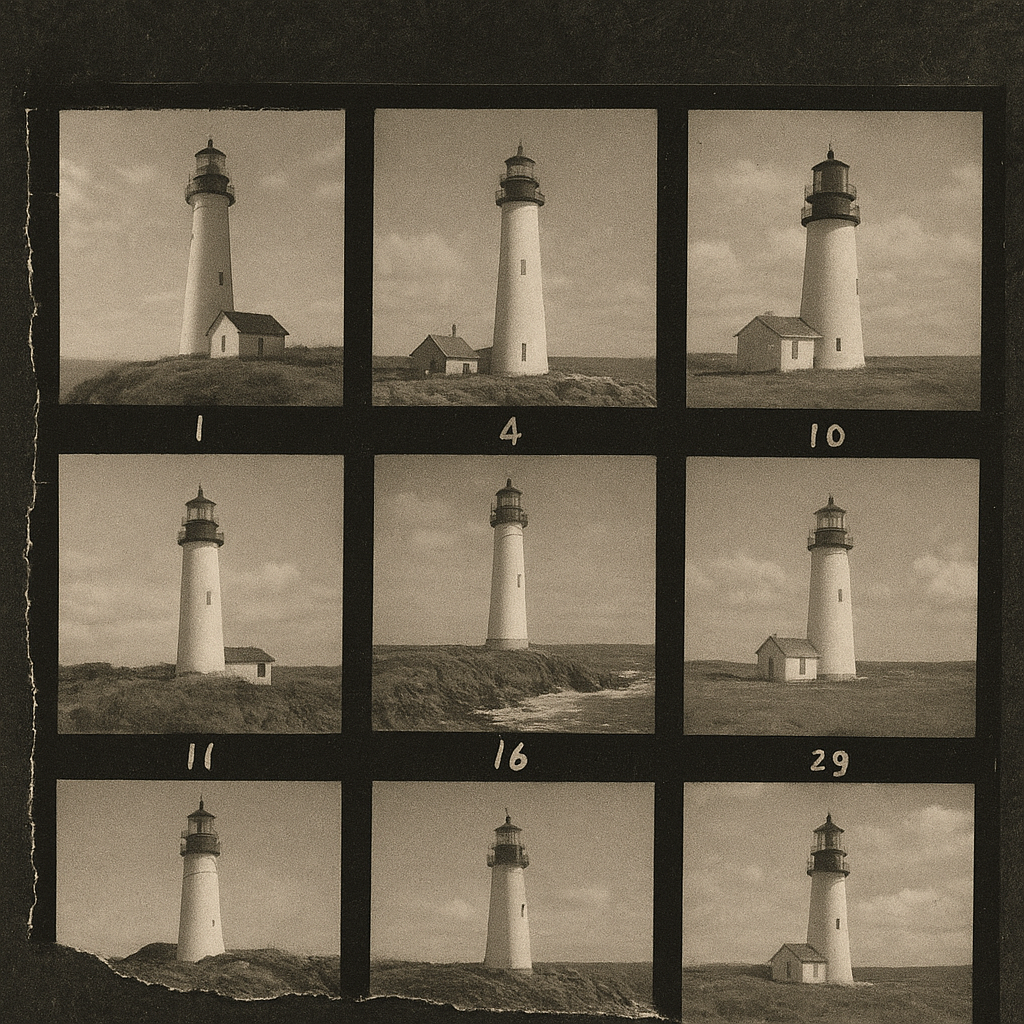 Monochrome contact sheet fragment with lighthouse negatives, handwritten frame marks, and worn film edges