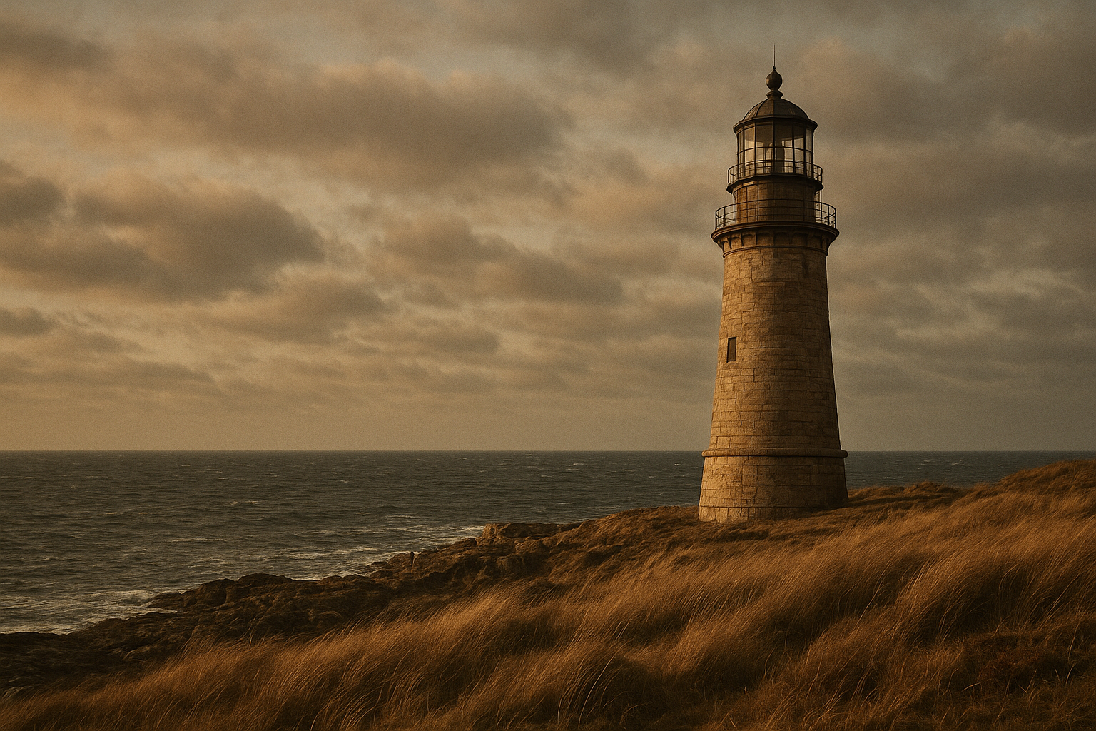 Weathered stone lighthouse on the northern coast at low angled golden light, wind-brushed sea, and cinematic cloud cover in a warm film-inspired archival mood