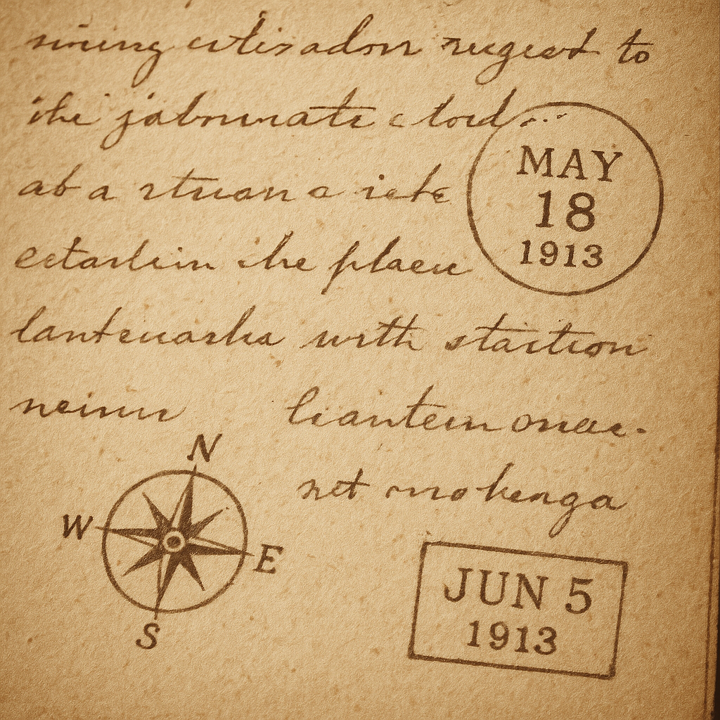 Sepia journal fragment with fountain-pen entries, compass sketch, and aged paper texture