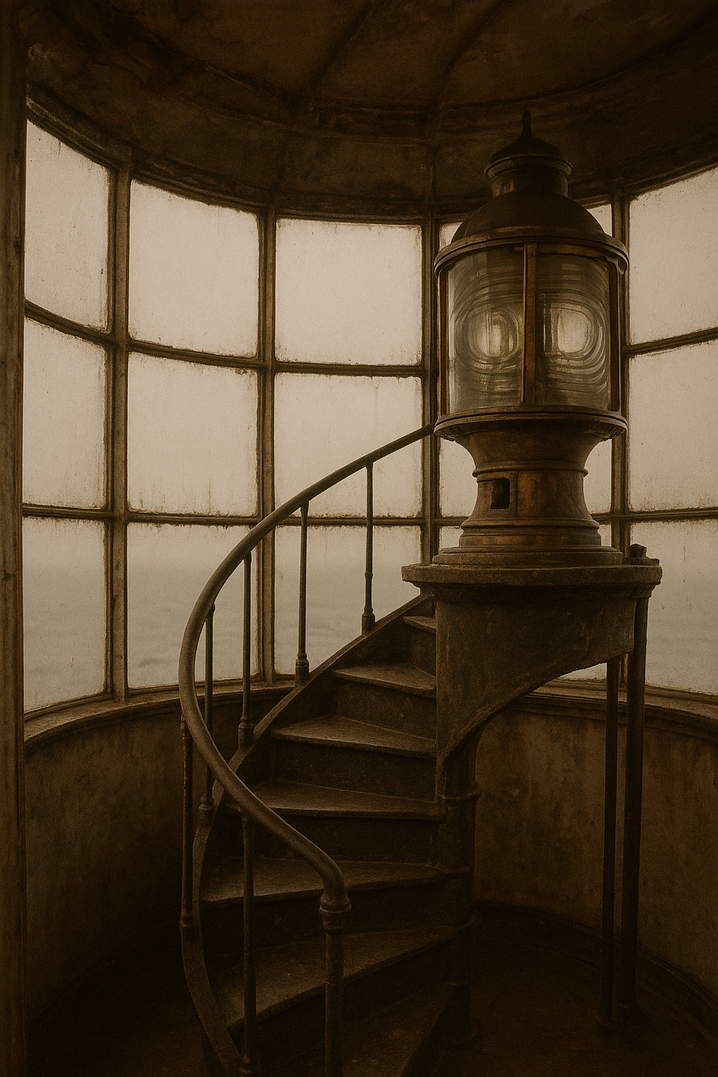 Historic lighthouse lantern room detail with weathered stair and salt-worn metal