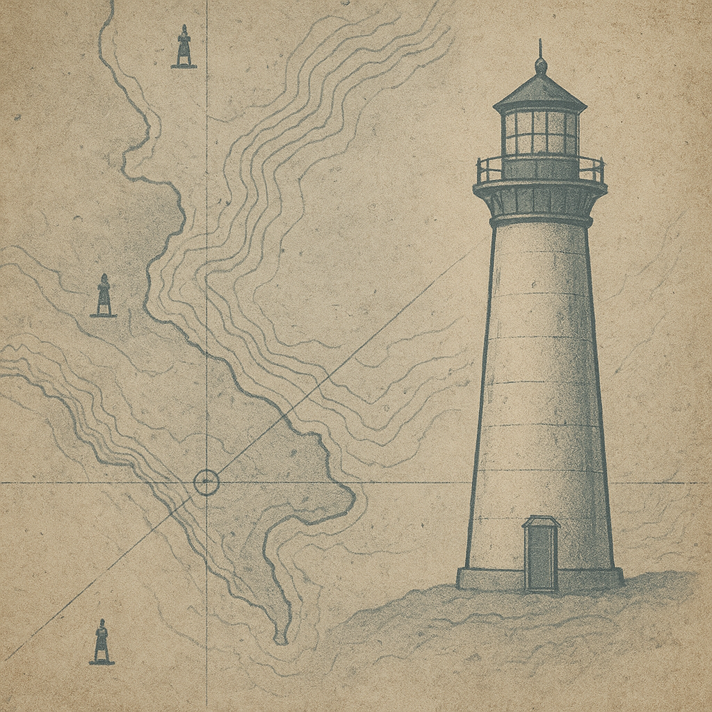 Coastal tower chart fragment showing headland outlines, beacon symbols, and annotation lines