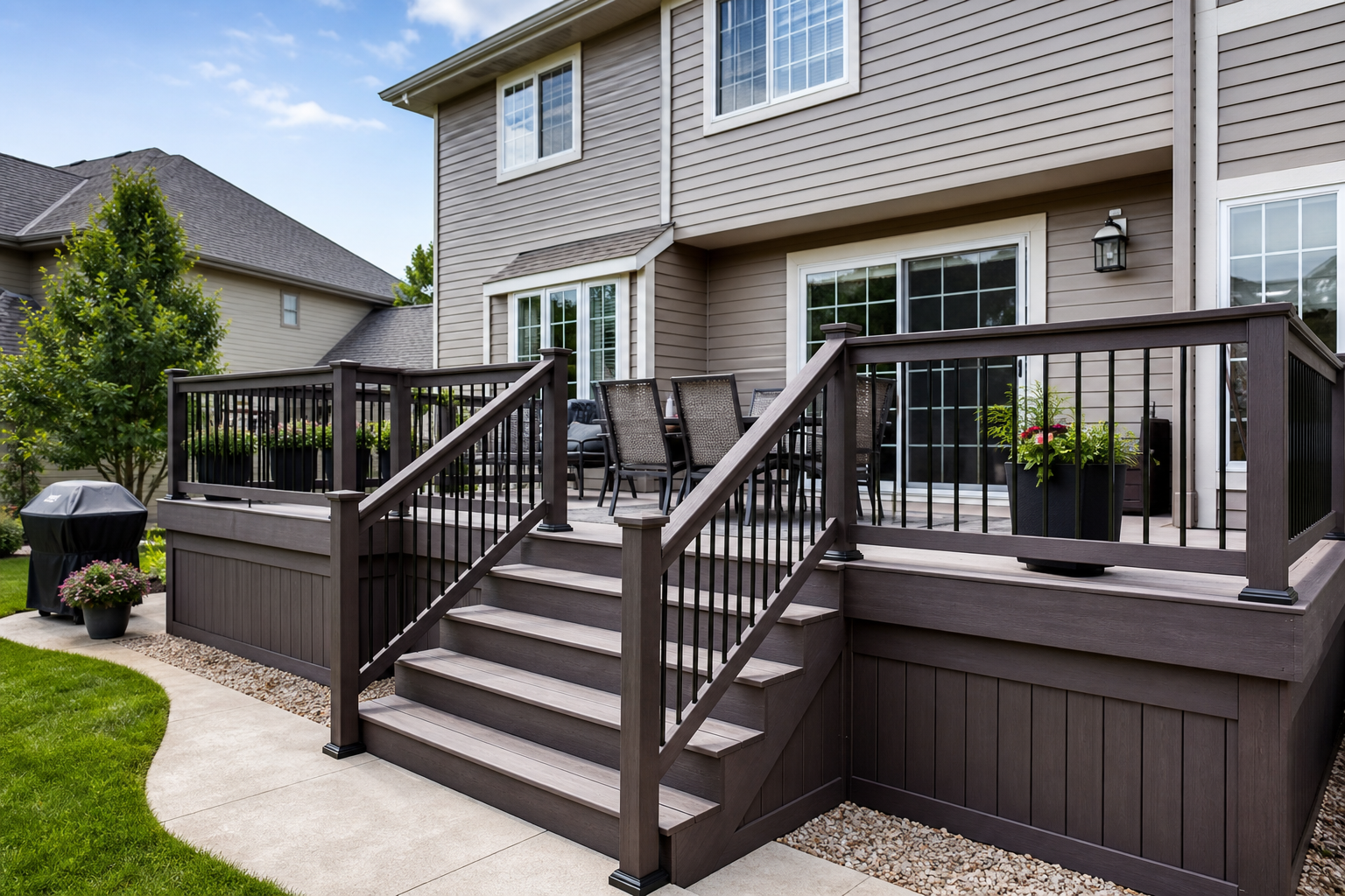 After image of the same backyard with a modern composite deck, straight rail lines, rebuilt stairs, and clean integrated skirting