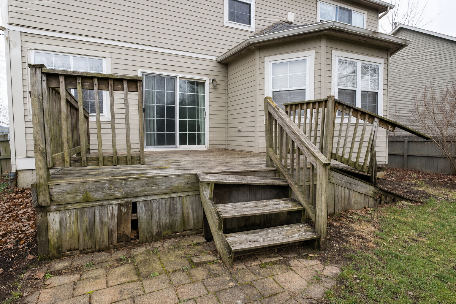 Before image of a backyard with a weathered wood deck, fading boards, unstable railings, and mismatched stair framing