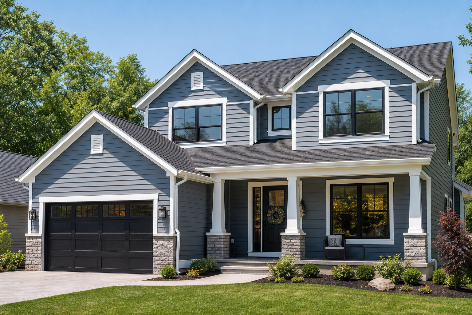 After view of the same two-story home with new siding, refreshed stucco, crisp trim package, and fully refreshed exterior facade