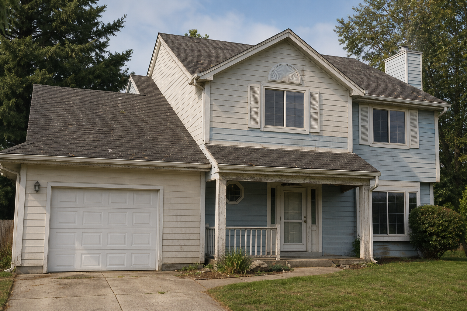 Before view of a two-story home with mixed worn siding, dated stucco sections, weathered trim, and uneven facade lines