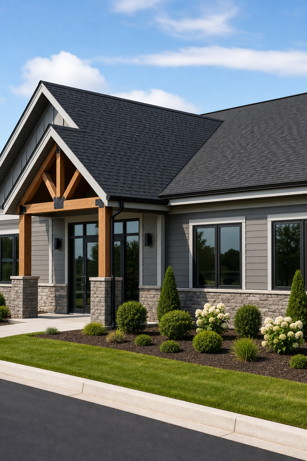 Polished modern residential and commercial-style exterior property with new roof and siding