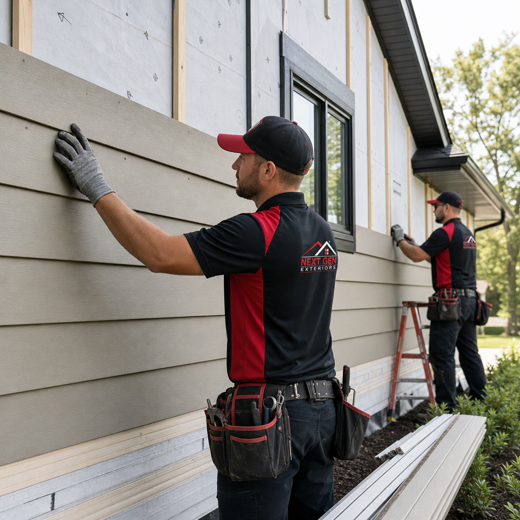 Professional residential siding installation crew with workers actively securing siding panels on a home exterior using tools