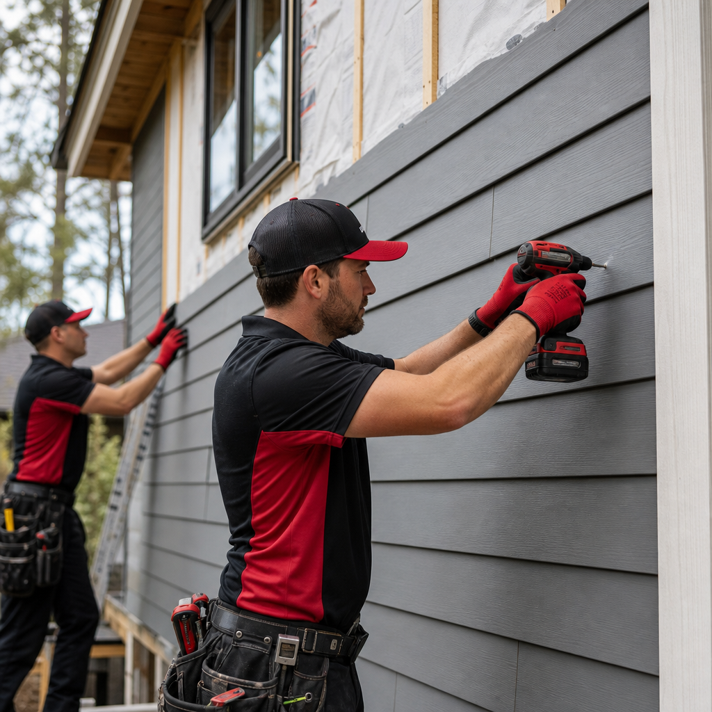 Two installers aligning and fastening horizontal siding panels on a house exterior with visible trim lines