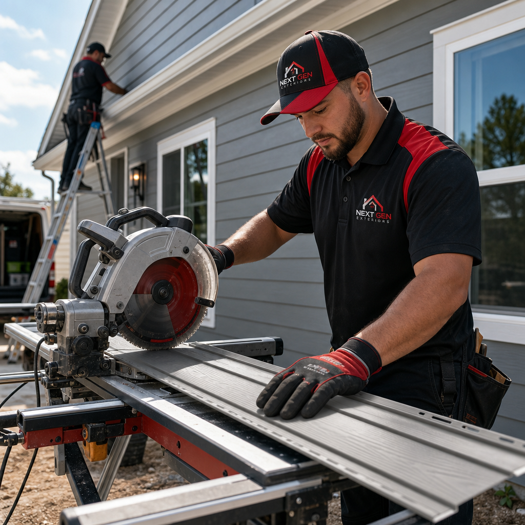 Crew member preparing siding panels at a mobile cutting station beside a residential facade