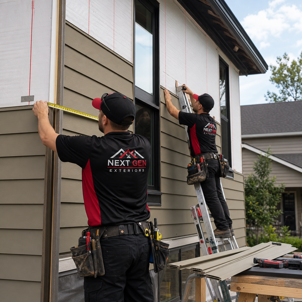 Two siding technicians measuring exterior walls on a two-story suburban home with ladders and layout tools