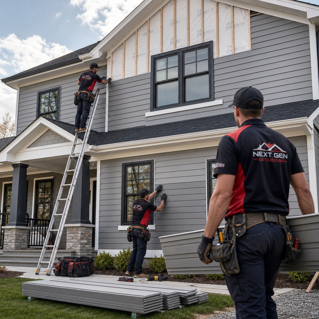 Professional siding crew installing exterior panels on a two-story residential home with tools, ladders, and stacked siding materials visible on site